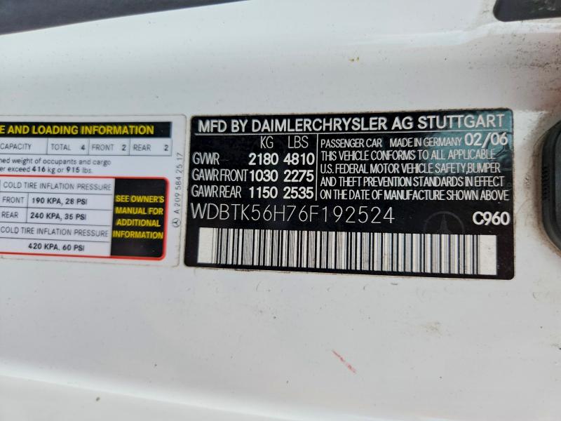2006 Mercedes-benz Clk მანქანა იყიდება აუქციონზე, vin: WDBTK56H76F192524, აუქციონის ნომერი: 63479116