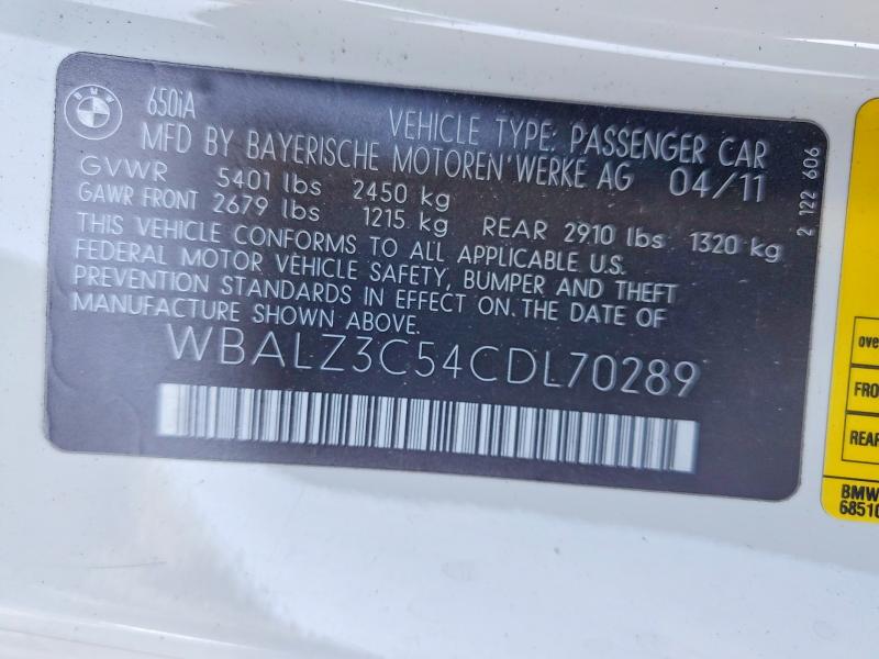 65703076 :رقم المزاد ، WBALZ3C54CDL70289 vin ، 2012 Bmw 650 مزاد بيع