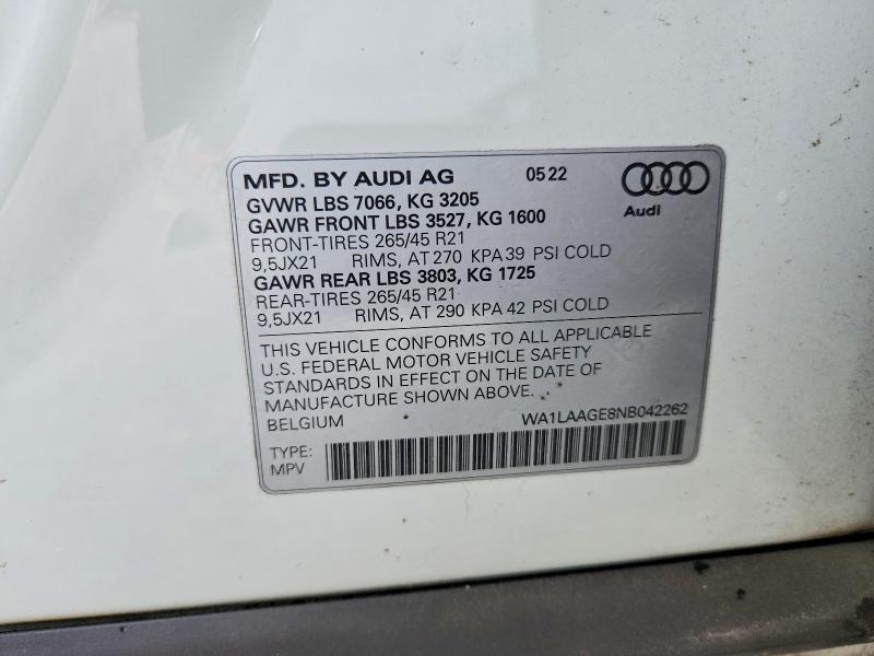 2022 Audi E-tron მანქანა იყიდება აუქციონზე, vin: WA1LAAGE8NB042262, აუქციონის ნომერი: 66478766