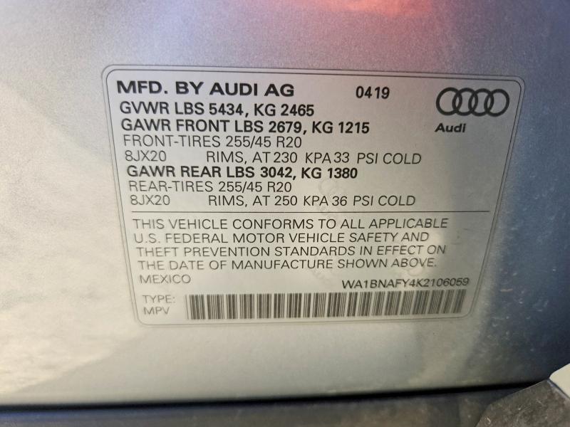 2019 Audi Q5 მანქანა იყიდება აუქციონზე, vin: WA1BNAFY4K2106059, აუქციონის ნომერი: 65930766