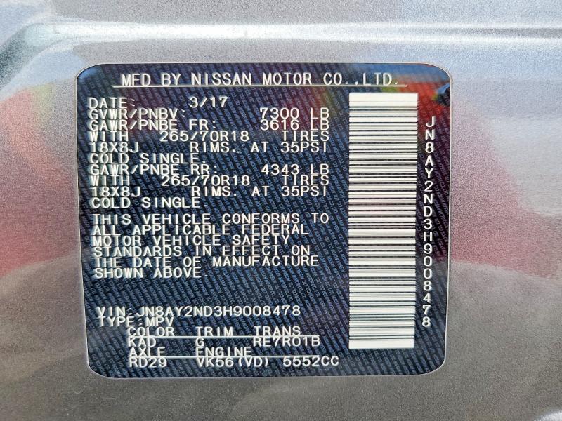 Aukcja sprzedaży 2017 Nissan Armada, vin: JN8AY2ND3H9008478, numer aukcji: 64778306