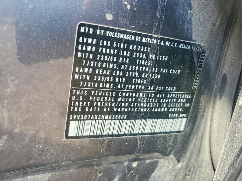 Aukcja sprzedaży 2022 Volkswagen Tiguan, vin: 3VV3B7AX3NM036606, numer aukcji: 64377706