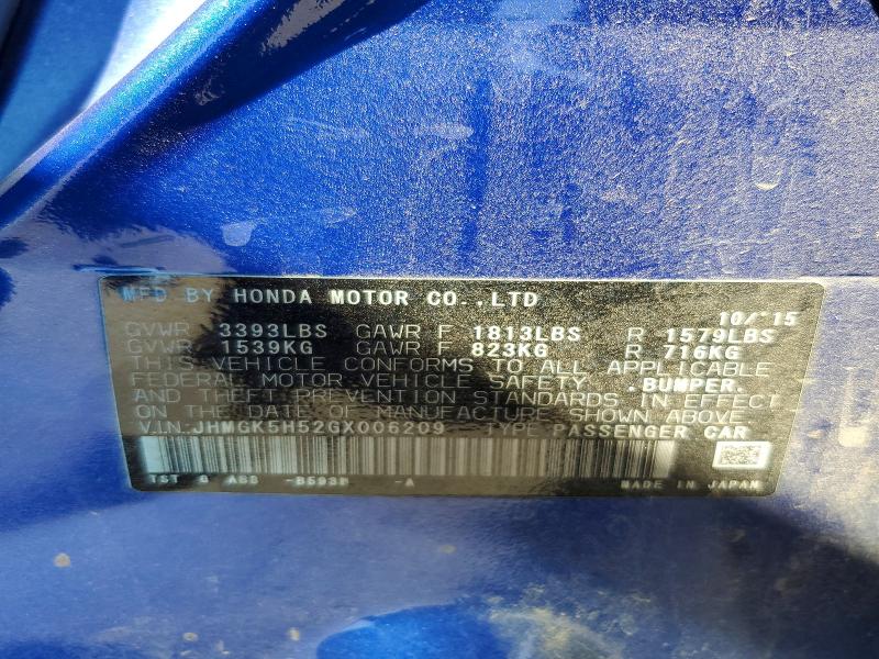 2016 Honda Fit მანქანა იყიდება აუქციონზე, vin: JHMGK5H52GX006209, აუქციონის ნომერი: 65880016