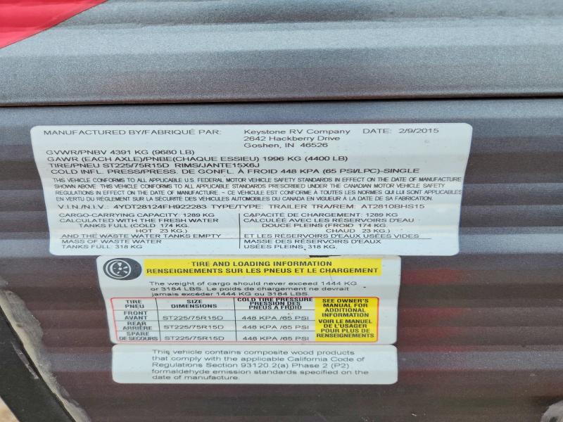 Продажа на аукционе авто 2015 Keystone Unknown, vin: 4YDT28124FH922283, номер лота: 63681586