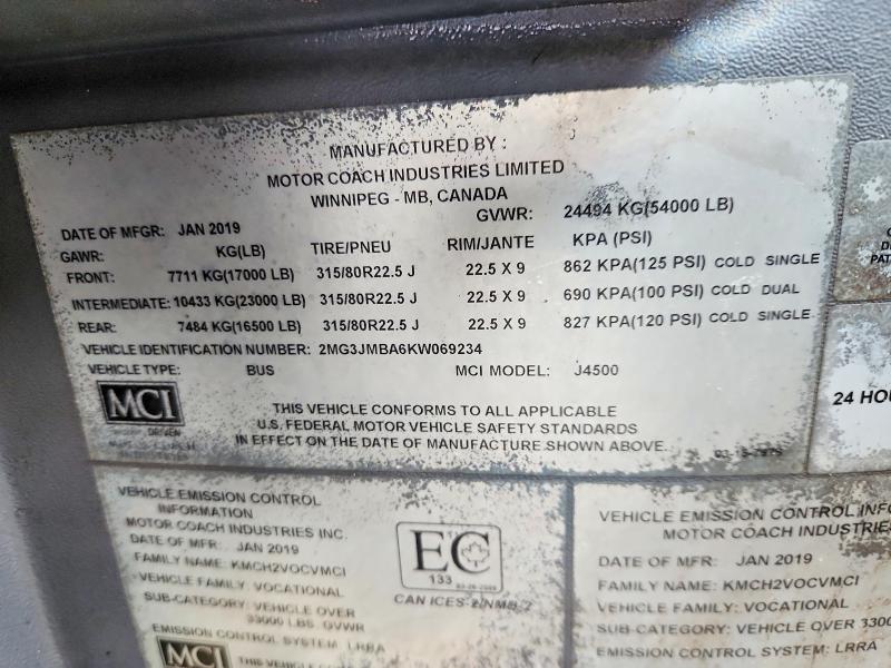 Продажа на аукционе авто 2019 Motor Coach Industries Transit Bus, vin: 2MG3JMBA6KW069234, номер лота: 61950516