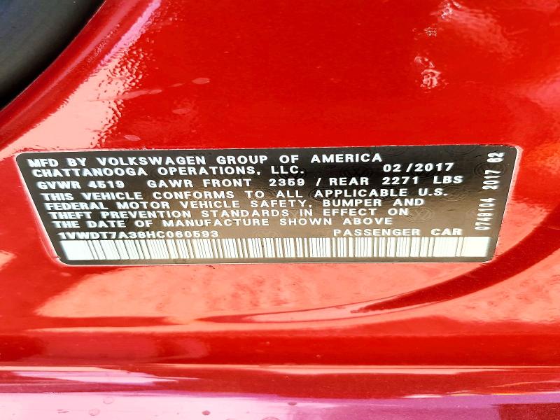Aukcja sprzedaży 2017 Volkswagen Passat, vin: 1VWDT7A38HC060593, numer aukcji: 64313076