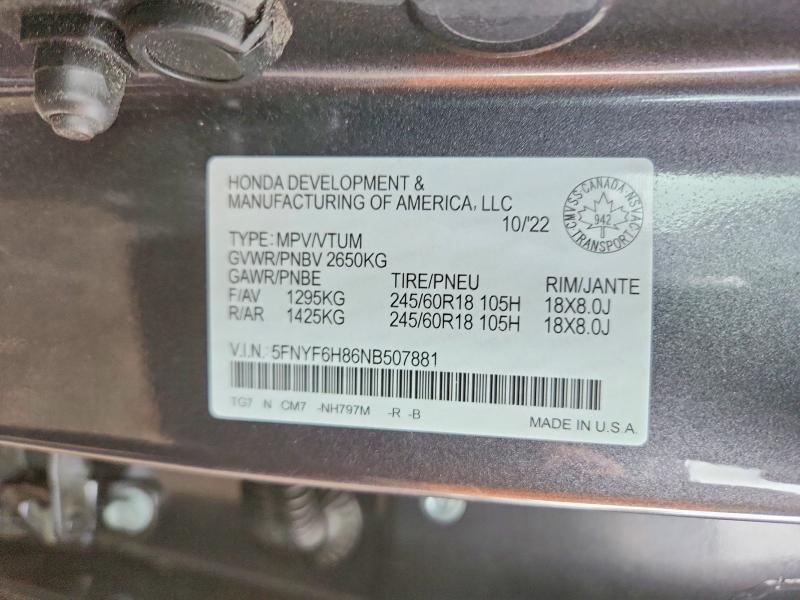 Продаж на аукціоні авто 2022 Honda Pilot, vin: 5FNYF6H86NB507881, номер лоту: 64599256