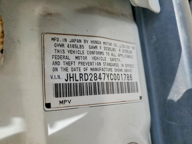 Aukcja sprzedaży 2000 Honda Cr-v, vin: JHLRD2847YC001786, numer aukcji: 65393276