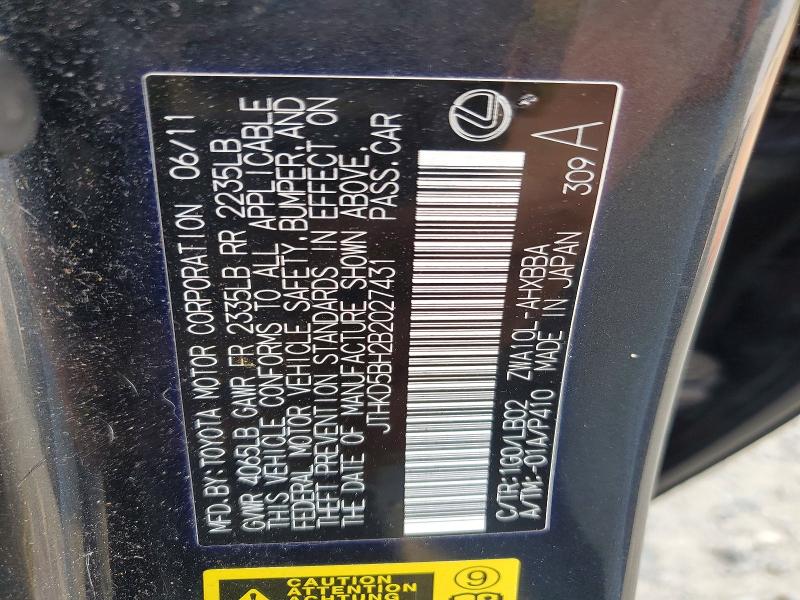 63255866 :رقم المزاد ، JTHKD5BH2B2027431 vin ، 2011 Lexus Ct مزاد بيع