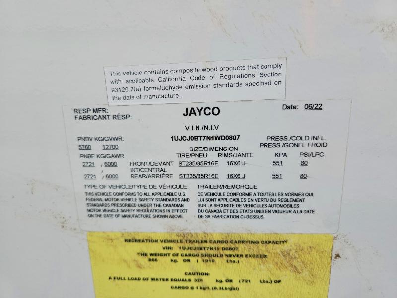 2022 Jayco Eagle მანქანა იყიდება აუქციონზე, vin: 1UJCJ0BT7N1WD0807, აუქციონის ნომერი: 61718516