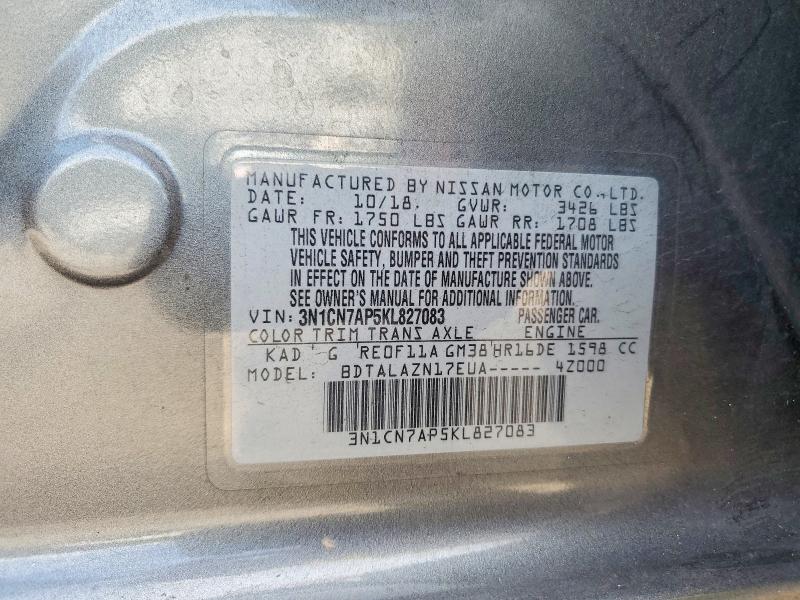 2019 Nissan Versa მანქანა იყიდება აუქციონზე, vin: 3N1CN7AP5KL827083, აუქციონის ნომერი: 63586556