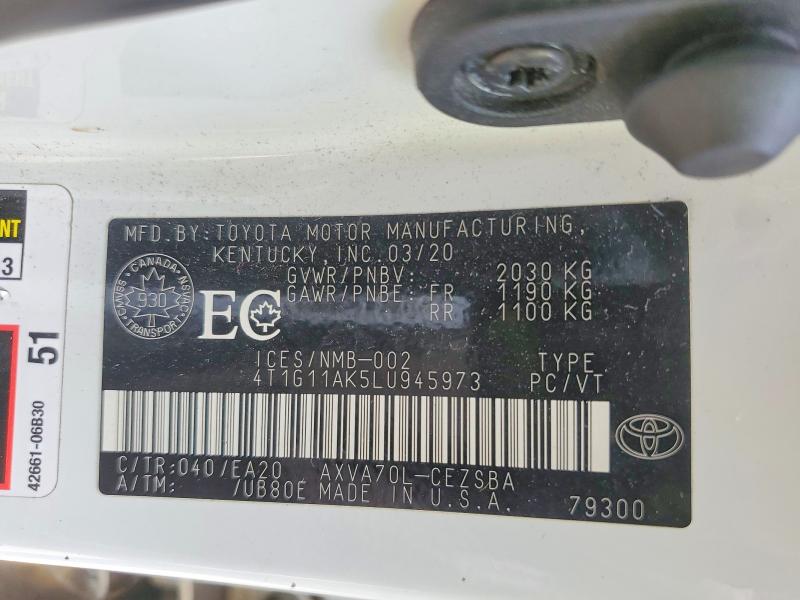 65288746 :رقم المزاد ، 4T1G11AK5LU945973 vin ، 2020 Toyota Camry مزاد بيع