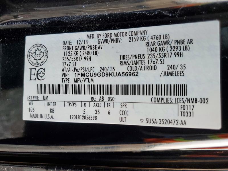 Продаж на аукціоні авто 2019 Ford Escape, vin: 1FMCU9GD9KUA56962, номер лоту: 64830086