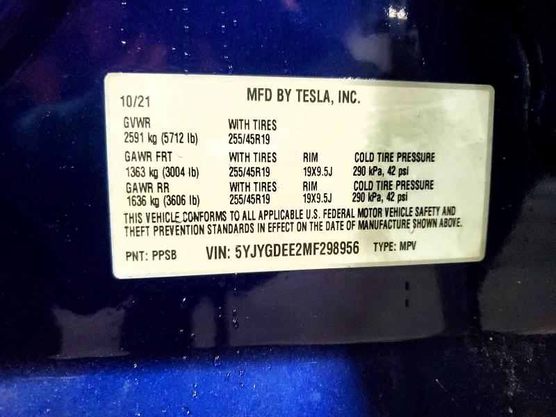Aukcja sprzedaży 2021 Tesla Model Y, vin: 5YJYGDEE2MF298956, numer aukcji: 65225006