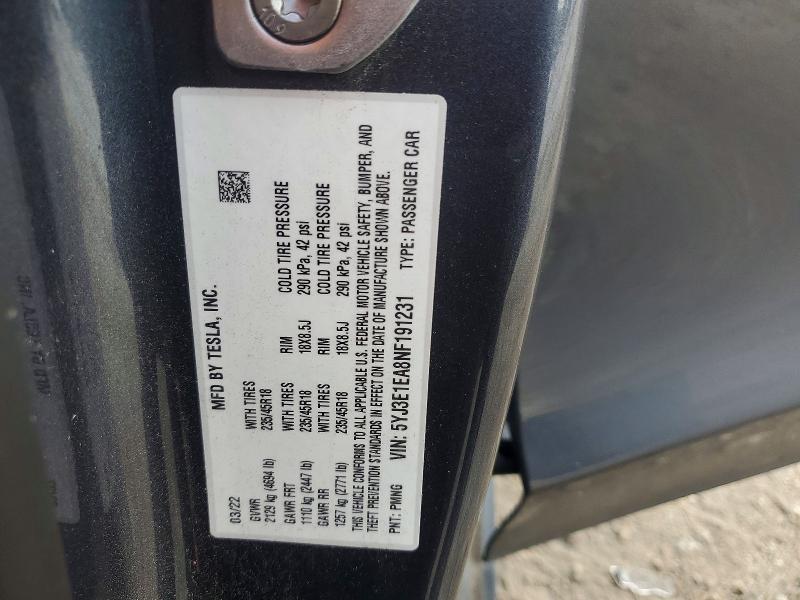 66622316 :رقم المزاد ، 5YJ3E1EA8NF191231 vin ، 2022 Tesla Model 3 مزاد بيع