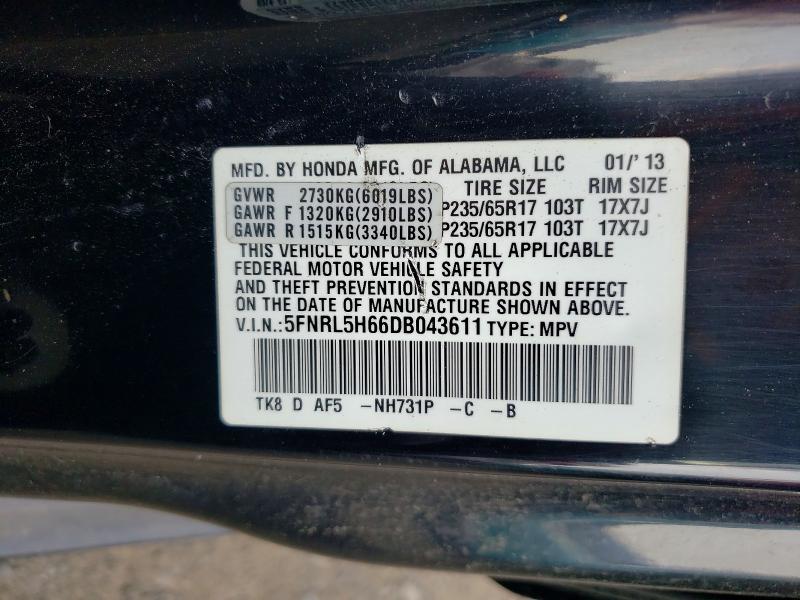 Aukcja sprzedaży 2013 Honda Odyssey, vin: 5FNRL5H66DB043611, numer aukcji: 64306946
