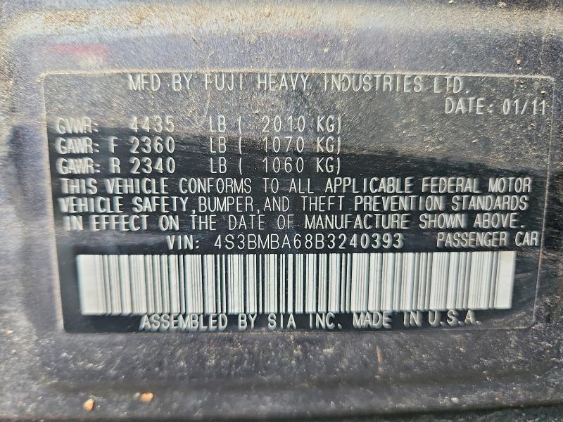 2011 Subaru Legacy მანქანა იყიდება აუქციონზე, vin: 4S3BMBA68B3240393, აუქციონის ნომერი: 63468616