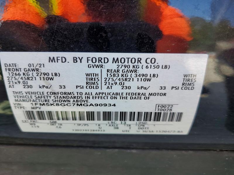65081296 :رقم المزاد ، 1FM5K8GC7MGA90934 vin ، 2021 Ford Explorer مزاد بيع