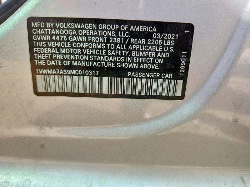 2021 Volkswagen Passat მანქანა იყიდება აუქციონზე, vin: 1VWMA7A39MC010317, აუქციონის ნომერი: 65175826