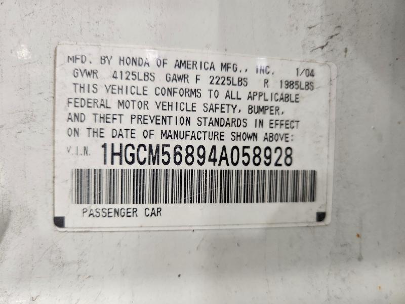 Aukcja sprzedaży 2004 Honda Accord, vin: 1HGCM56894A058928, numer aukcji: 65538696