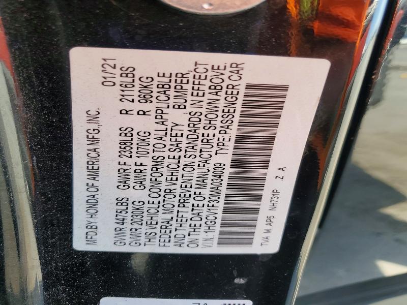 64633416 :رقم المزاد ، 1HGCV1F30MA034009 vin ، 2021 Honda Accord مزاد بيع