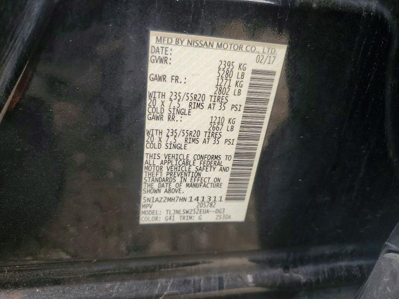 65380876 :رقم المزاد ، 5N1AZ2MH7HN141311 vin ، 2017 Nissan Murano مزاد بيع