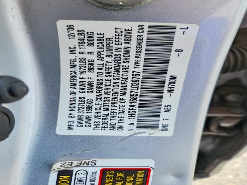 2007 Honda Civic მანქანა იყიდება აუქციონზე, vin: 1HGFA16857L039767, აუქციონის ნომერი: 67032666