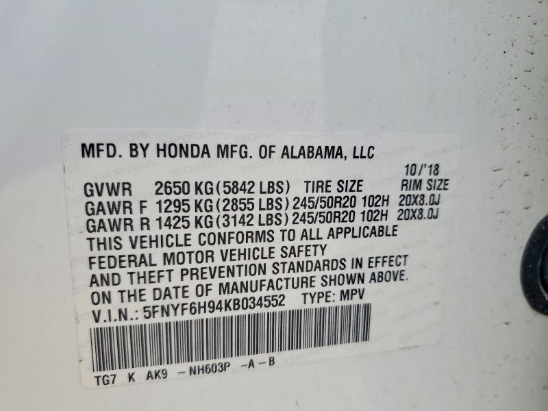 2019 Honda Pilot მანქანა იყიდება აუქციონზე, vin: 5FNYF6H94KB034552, აუქციონის ნომერი: 63679346