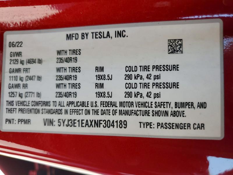 Aukcja sprzedaży 2022 Tesla Model 3, vin: 5YJ3E1EAXNF304189, numer aukcji: 63327056