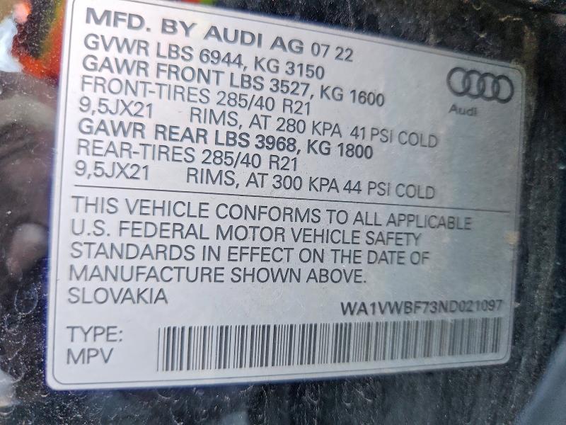 64106256 :رقم المزاد ، WA1VWBF73ND021097 vin ، 2022 Audi Sq7 مزاد بيع