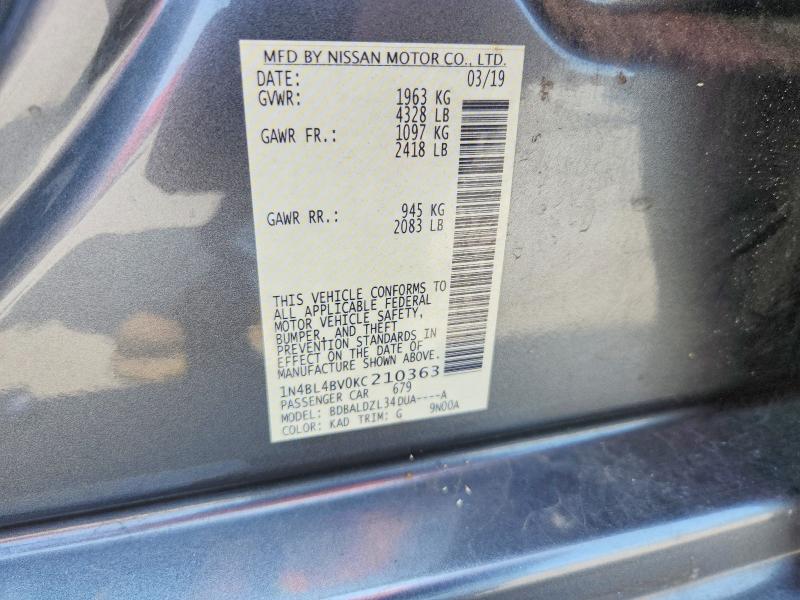 2019 Nissan Altima მანქანა იყიდება აუქციონზე, vin: 1N4BL4BV0KC210363, აუქციონის ნომერი: 64406496
