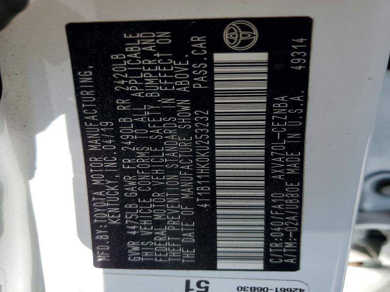Продаж на аукціоні авто 2019 Toyota Camry, vin: 4T1B11HK0KU253232, номер лоту: 66012716