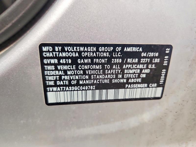 Продаж на аукціоні авто 2016 Volkswagen Passat, vin: 1VWAT7A33GC049762, номер лоту: 64069536