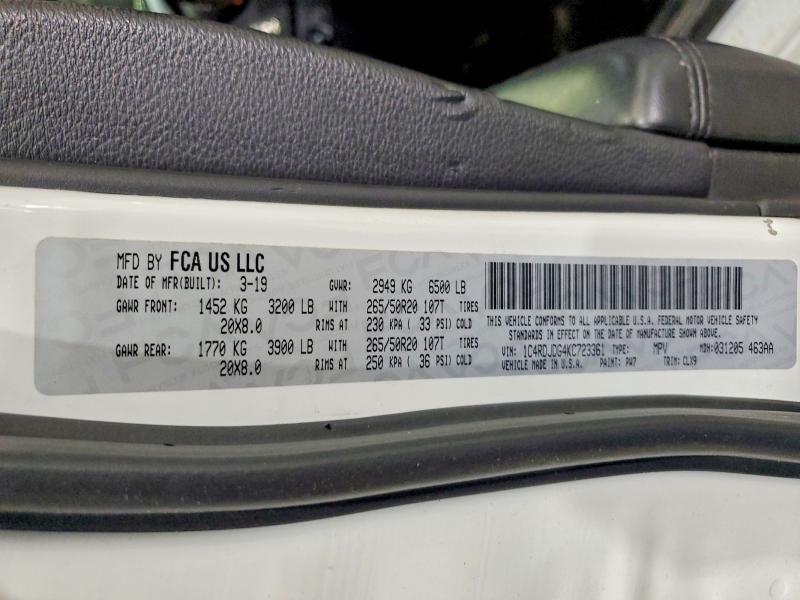 2019 Dodge Durango მანქანა იყიდება აუქციონზე, vin: 1C4RDJDG4KC723361, აუქციონის ნომერი: 64262226