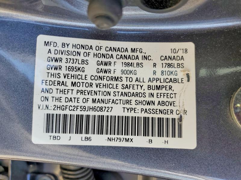 Aukcja sprzedaży 2018 Honda Civic, vin: 2HGFC2F59JH608727, numer aukcji: 62350346