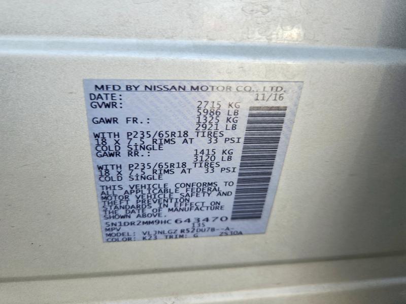 2017 Nissan Pathfinder მანქანა იყიდება აუქციონზე, vin: 5N1DR2MM9HC643470, აუქციონის ნომერი: 64840766