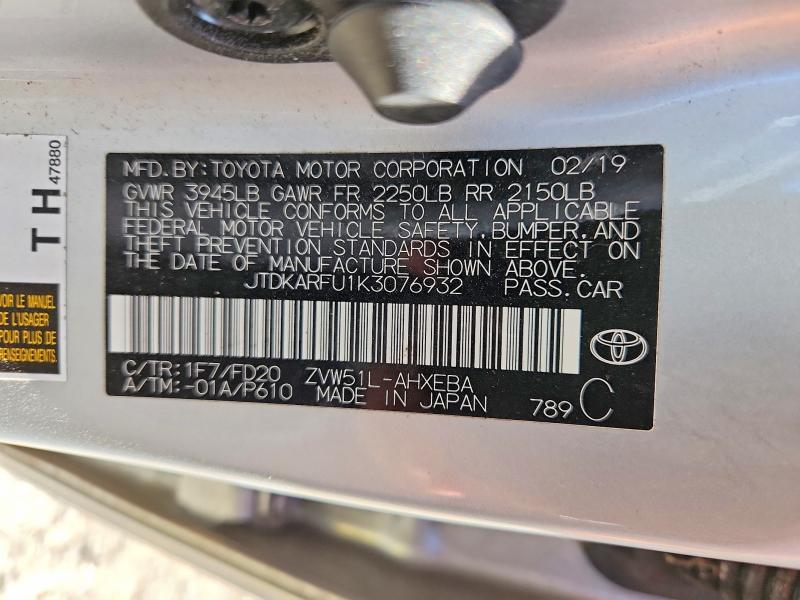 Aukcja sprzedaży 2019 Toyota Prius, vin: JTDKARFU1K3076932, numer aukcji: 65330486