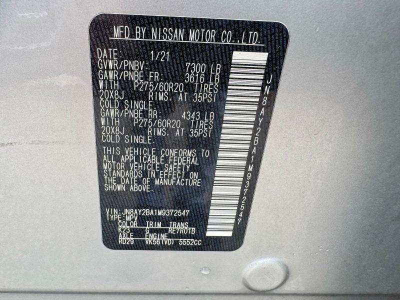 Aukcja sprzedaży 2021 Nissan Armada, vin: JN8AY2BA1M9372547, numer aukcji: 65168236