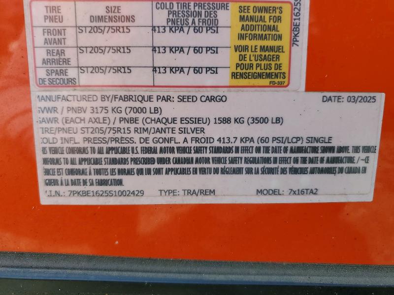 Продаж на аукціоні авто 2025 Seed Cargo Unknown, vin: 7PKBE1625S1002429, номер лоту: 65170386
