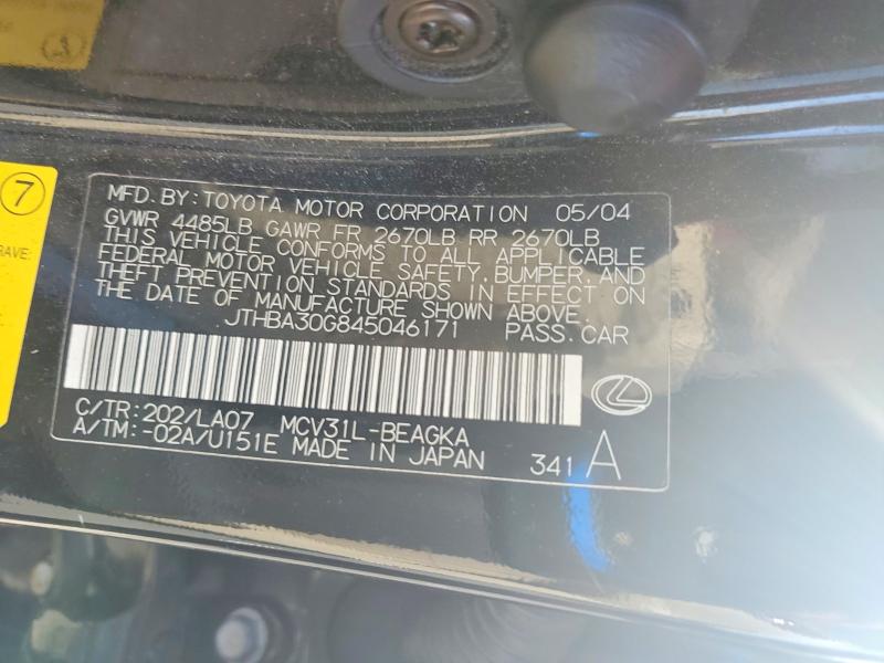 Продаж на аукціоні авто 2004 Lexus Es, vin: JTHBA30G845046171, номер лоту: 65160506
