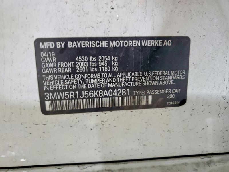 2019 Bmw 330i მანქანა იყიდება აუქციონზე, vin: 3MW5R1J56K8A04281, აუქციონის ნომერი: 65296406