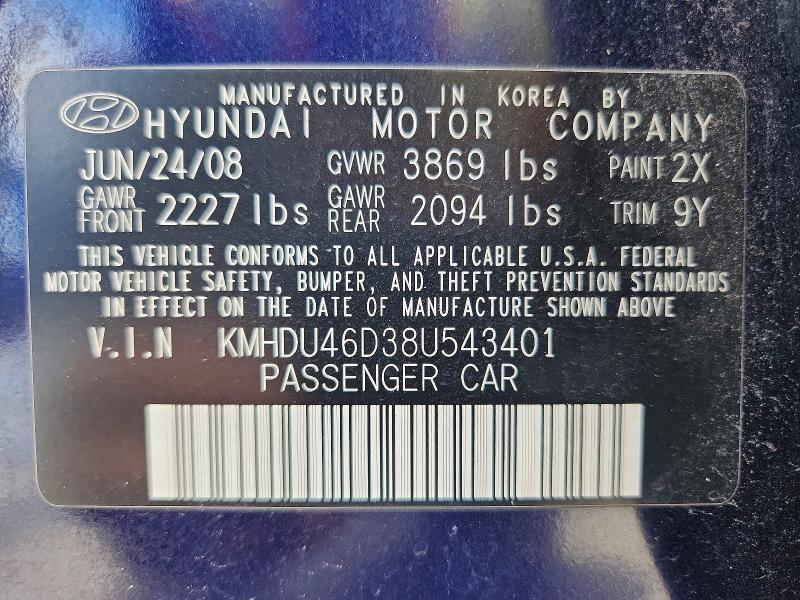Продаж на аукціоні авто 2008 Hyundai Elantra, vin: KMHDU46D38U543401, номер лоту: 63588726