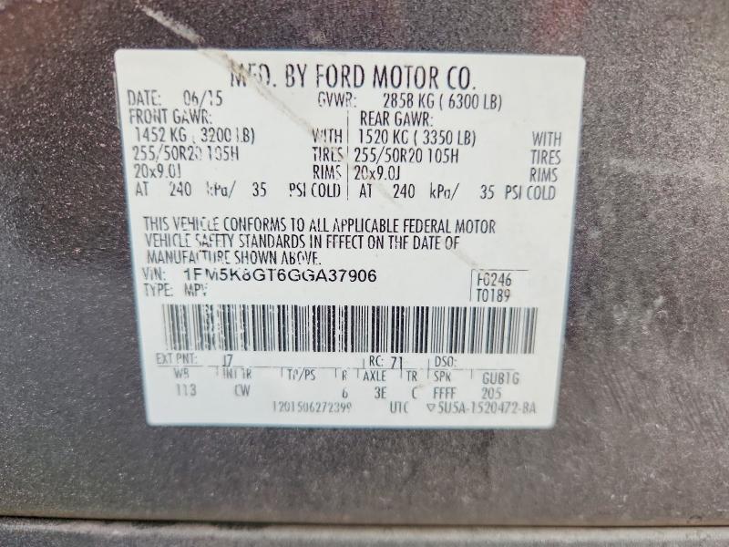 2016 Ford Explorer მანქანა იყიდება აუქციონზე, vin: 1FM5K8GT6GGA37906, აუქციონის ნომერი: 66005446