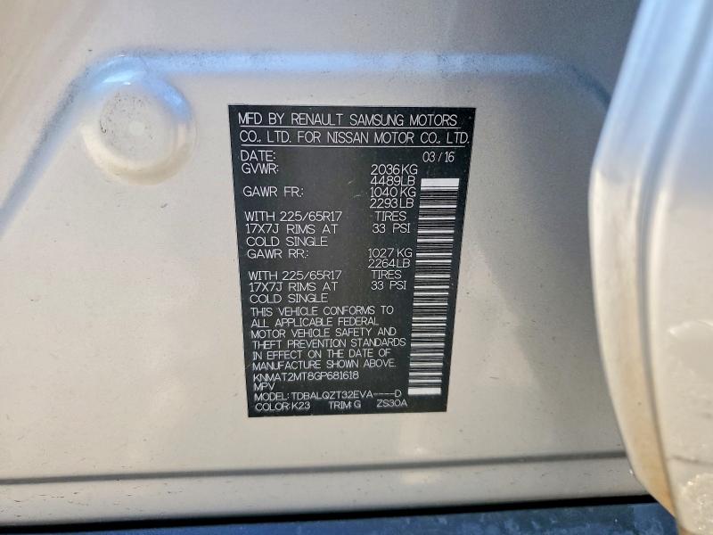 65395756 :رقم المزاد ، KNMAT2MT8GP681618 vin ، 2016 Nissan Rogue مزاد بيع