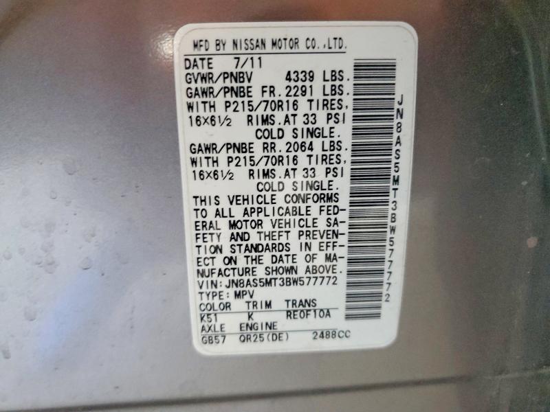 65661926 :رقم المزاد ، JN8AS5MT3BW577772 vin ، 2011 Nissan Rogue مزاد بيع
