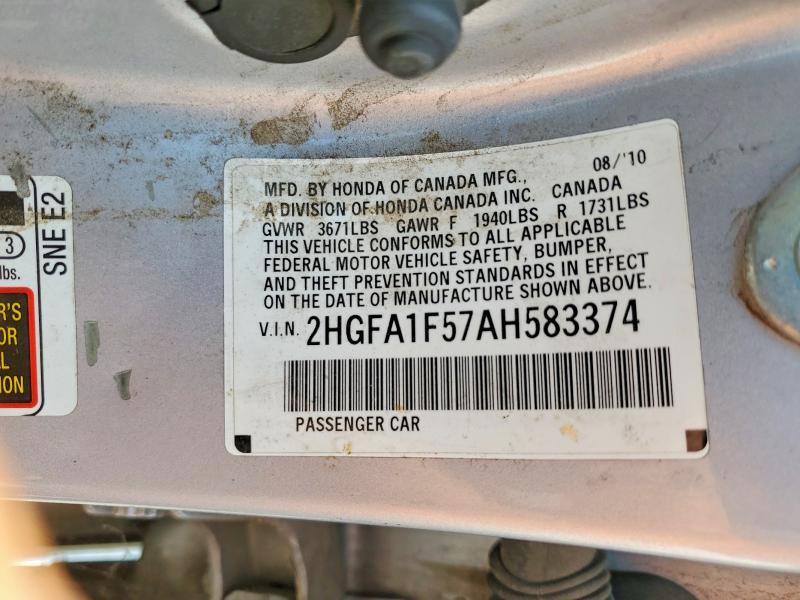 Продаж на аукціоні авто 2010 Honda Civic, vin: 2HGFA1F57AH583374, номер лоту: 65122906