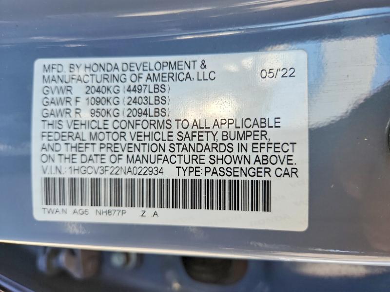 Aukcja sprzedaży 2022 Honda Accord, vin: 1HGCV3F22NA022934, numer aukcji: 65921606