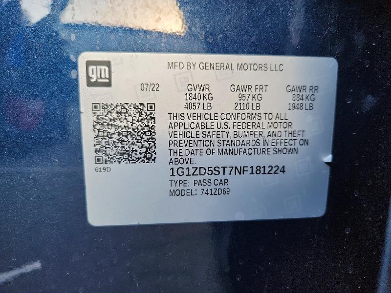 2022 Chevrolet Malibu მანქანა იყიდება აუქციონზე, vin: 1G1ZD5ST7NF181224, აუქციონის ნომერი: 66421876