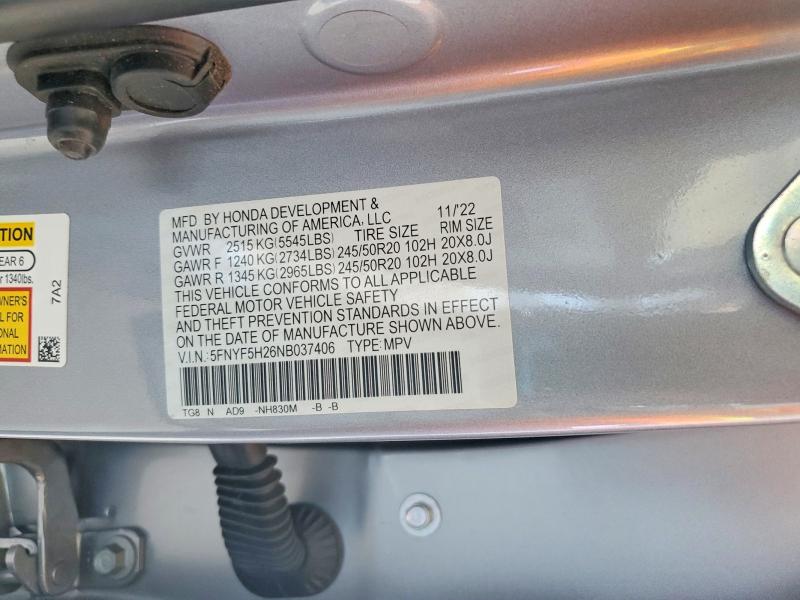 Продаж на аукціоні авто 2022 Honda Pilot, vin: 5FNYF5H26NB037406, номер лоту: 64501146