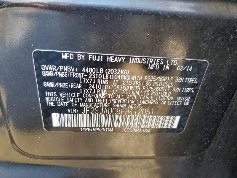 2015 Subaru Forester მანქანა იყიდება აუქციონზე, vin: JF2SJADC8FH412081, აუქციონის ნომერი: 66194786